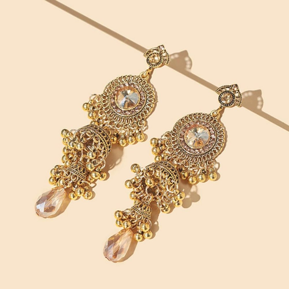 Gold boho earrings INDIAN JHUMKA RHINESTONE LONG BOHO‎ PRETTY PARTY GIFT GLAM
